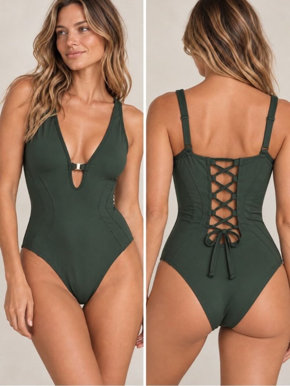 NEW TA3 Brazillian Plungey Keyhole One-Piece Swimsuit XS Short Fern Green